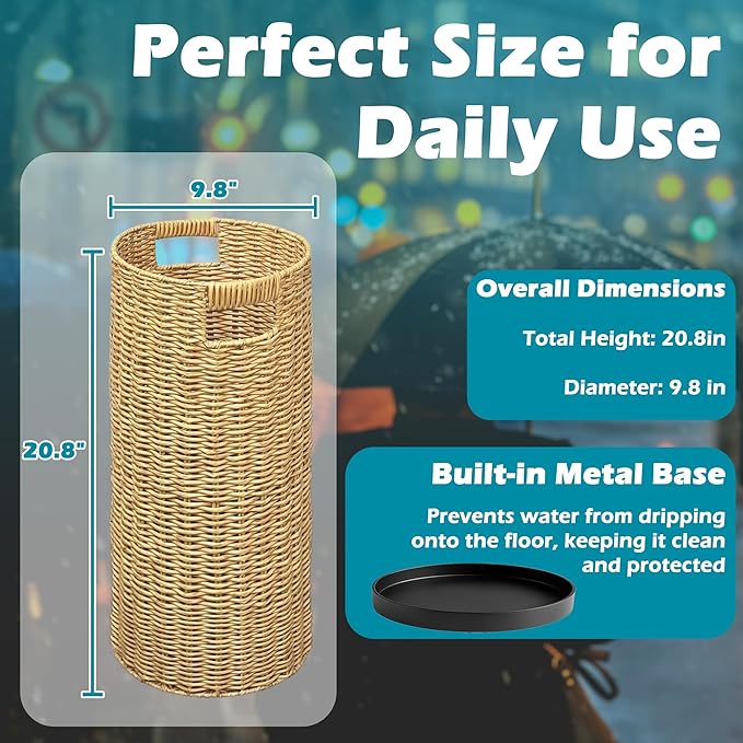 Rattan Umbrella Holder 20.8" H X 10" D,Handmade Wicker Umbrella Stand Indoor with Dip Tray,Sturdy Umbrella Holders for Entryway,Umbrella Bucket Fits Mudroom,Walking Canes,Home,Office (Oak)