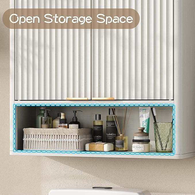 Furnideco Bathroom Medicine Cabinet with Fluted Doors, 3-Tier Modern Wall Cabinet Over Toilet, Small Hanging Storage Cabinet for Bathroom, Antique White