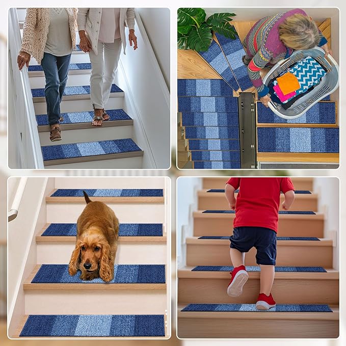 OLANLY Stair Treads Non Slip 4PCS, 8" x 30" Indoor Stair Runners for Wooden Steps, Edging Stair Rugs with Reusable Peel and Stick Adhesive for Kids Elders and Pets, Navy