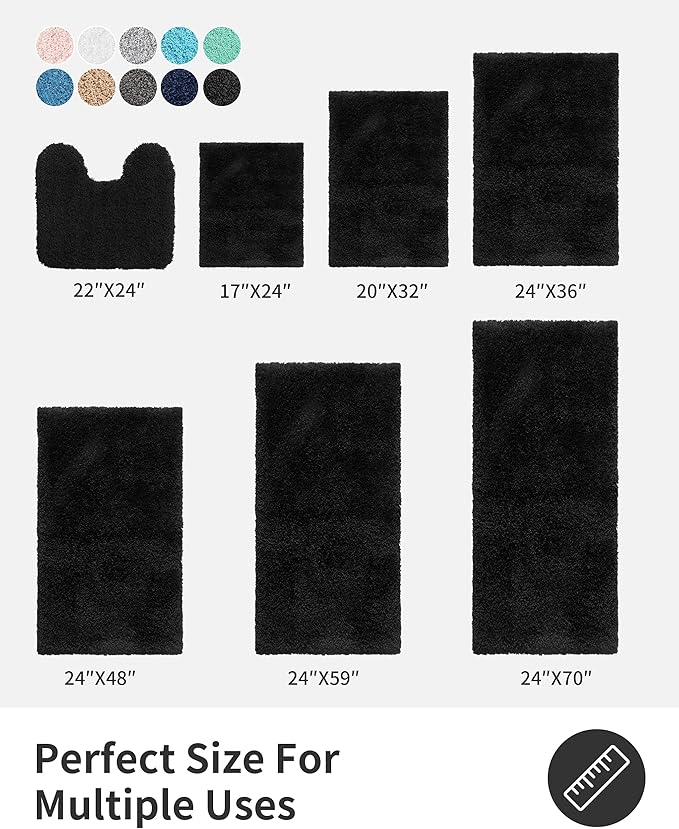 ILANGO Black Bathroom Rugs 30" × 20" Non Slip & Super Absorbent Extra Thick Soft, Washable Bath Mat for Floor, Microfiber Plush Shaggy Bath Rug with Rubber for Bathtub Shower Room Sink