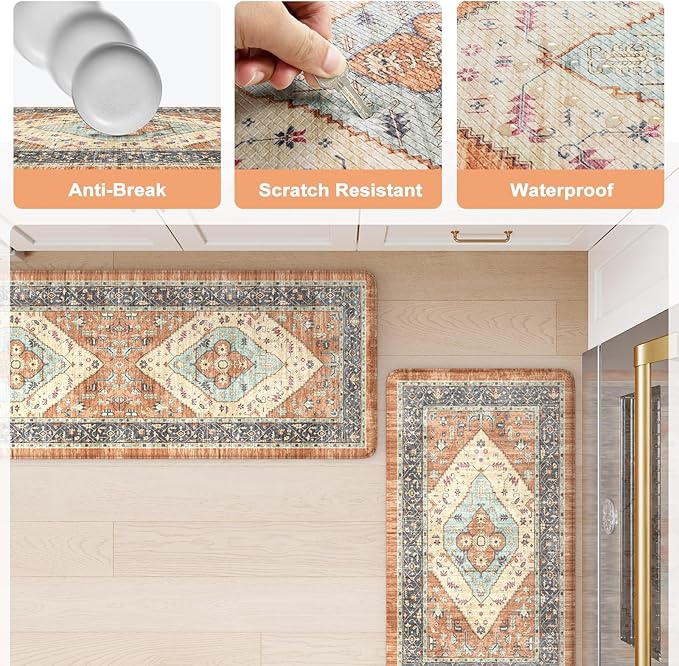 KIMODE Anti Fatigue Kitchen Mats for Floor, Boho Vintage Kitchen Rugs Sets of 2, Cushioned Kitchen Floor Mats Non Slip, Comfort Rugs for Kitchen Floor Sink Laundry Desk Orange 17.3"x29"+17.3"x59"