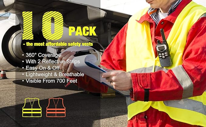 DUSKCOVE 10 Pack High Visibility Safety Vests with 2 Hi Vis Reflective Strips for Men and Women - Neon Orange Construction Vests for Traffic Work, Running, Surveyor and Security Guard