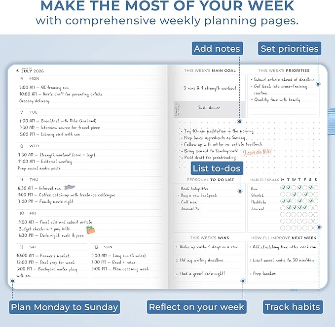Clever Fox Dated Planner Premium 2026 – Weekly Agenda for Planning & Time Management –Notebook with Habit Tracker & To-do List (Light Blue)