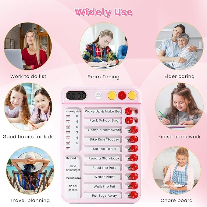 Magnetic Chore Chart for Kids with Time Timer, 99-Min Countdown/Up Visual Timer, Dry-Erase Reward Chart with Sliders, to Do List & Routine Checklist, Visual Schedule, Autism/ADHD Tools (Pink)