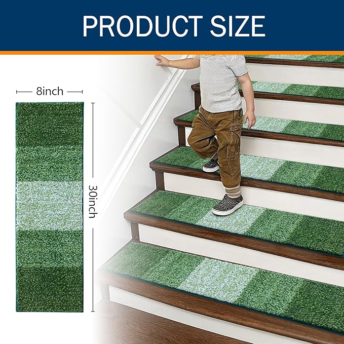 OLANLY Stair Treads Non Slip 15PCS, 8" x 30" Indoor Stair Runners for Wooden Steps, Edging Stair Rugs with Reusable Peel and Stick Adhesive for Kids Elders and Pets, Green