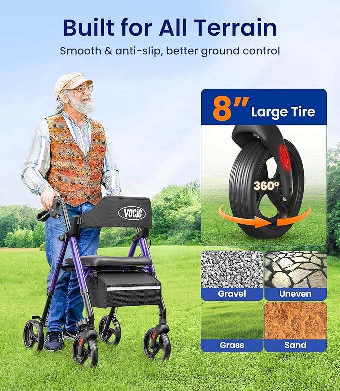 VOCIC Walkers for Seniors, Z21 Rollator Walker with Seat Supports 350lb, 8" Big Wheels for All Terrain, Ergonomic Arc Seat & 6" Ultra Backrest Foldable Walker, Dual Height Adjustment, Lightweight 2025