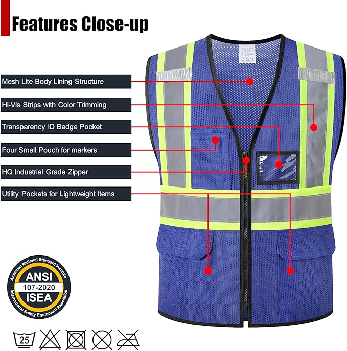 Reflective Safety Vest for Men Women Hi Vis Vest with Pockets High Visibility Vest Mesh Construction Vests Meets ANSI/ISEA Standards (Blue-33, XX-Large)