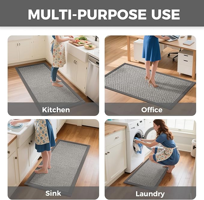 Anti Fatigue Kitchen Rugs Mat Non Slip Washable, 0.4" Thick Soft Cushioned Absorbent Kitchen Mats for Floor, Jute-Like Woven Laundry Standing Mats Sink Mat, Easy Clean Care, Gray 17"x30"