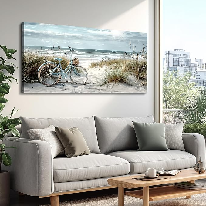FUHAIHUA Large Wall Art For Bedroom Canvas Wall Decor For Living Room Office Decoration Blue Beach Bicycle Seascape Painting Ocean Landscape Wall Pictures Artwork Modern Home Decor Posters 30"X60"