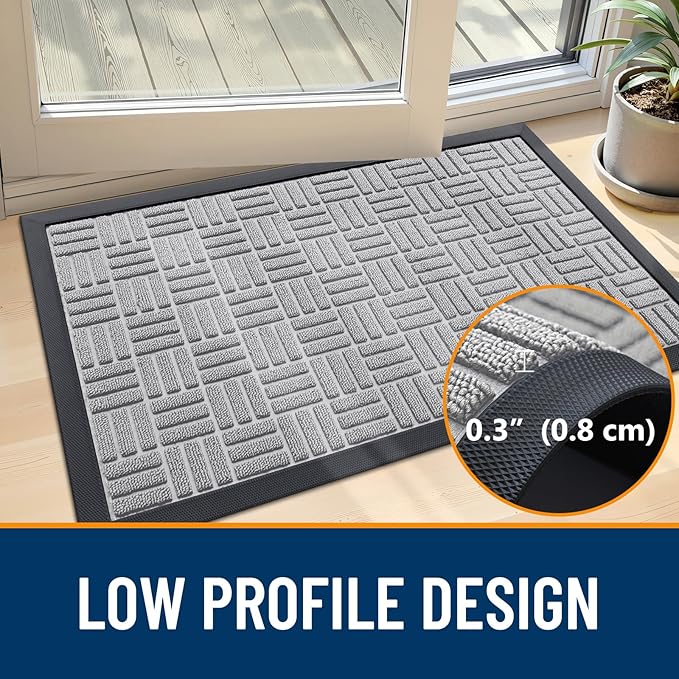 OLANLY Front Door Mat Outside Entrance 47x17, Absorbent, Heavy Duty Sturdy Natural Rubber Doormat Indoor Outdoor, Non-Slip, Stain and Fade Resistant, Low Profile Floor Mat for Entryway, Light Gray