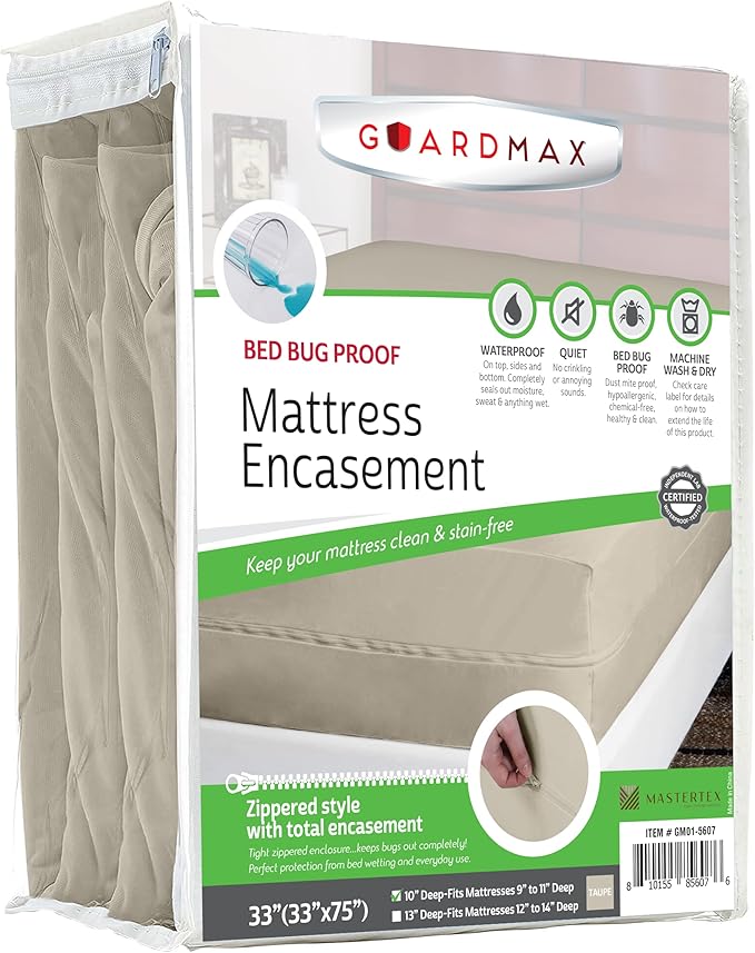 Guardmax Jersey Knitted Cot Size Zippered Mattress Encasement - Waterproof & Bed Bug Proof Mattress Protector - Comfortable, Soft, and Noiseless Zippered Bedding - Dust Mite Proof (33 x 75 x 10)