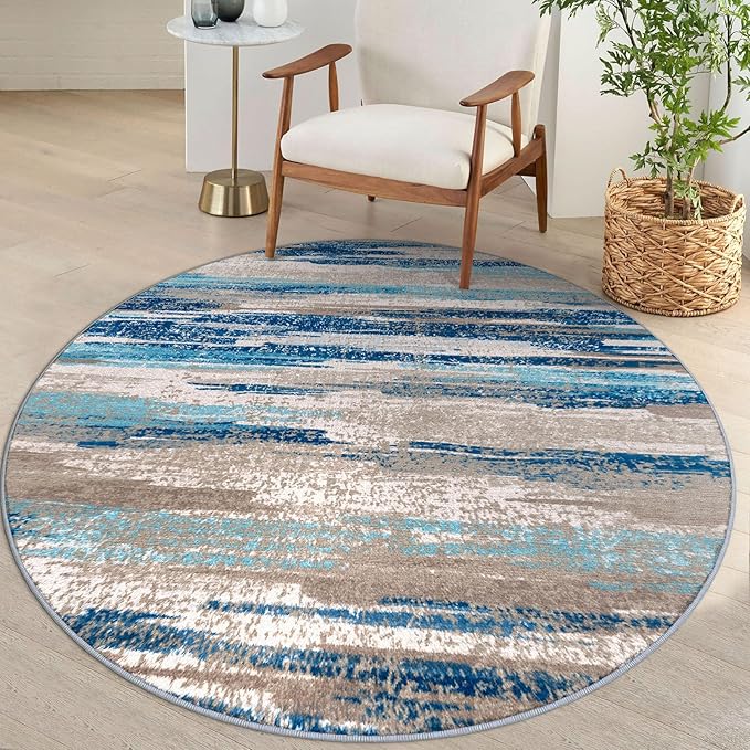 Modern Abstract Round Rug 5Ft, Blue Round Rug Washable Non-Slip Soft Small Circle Rug, Circular Dining Room Rugs Thin Print Faux Wool Carpet for Bedroom Living Room Office Playroom