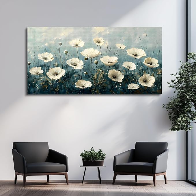 FUHAIHUA Canvas Wall Art For Living Room Large Wall Decor For Office Bedroom Decorations White Flowers Landscape Pictures Modern Wall Paintings Aesthetics Posters Home Decor Ready To Hang 30x60 In