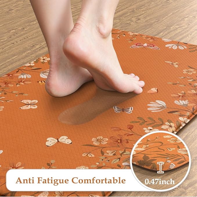 KIMODE Anti Fatigue Kitchen Mats Cushioned, Boho Floral Kitchen Rugs Sets of 2, Fall Kitchen Mat for Floor, Memory Foam Standing Desk Mat for Laundry Office Sink Desk Orange Halloween 17"x47"+17"x29"