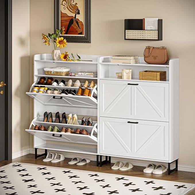 Shoe Cabinet with 2 Flip Drawers, 45" Freestanding Narrow Wood Shoe Storage Cabinet with Metal Legs and Hooks, Slim Shoe Rack Organizer for Entryway, Hallway, White