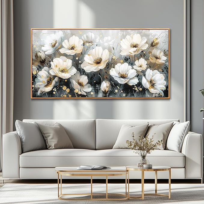 PHAOHUAXM Wall Decor For Living Room Canvas Wall Art For Bedroom Office Print Artwork White Ink-Wash Flower-Shaped Wooden Frame Murals Artwork For Modern Posters Restaurant Home Decoration 20"X40"
