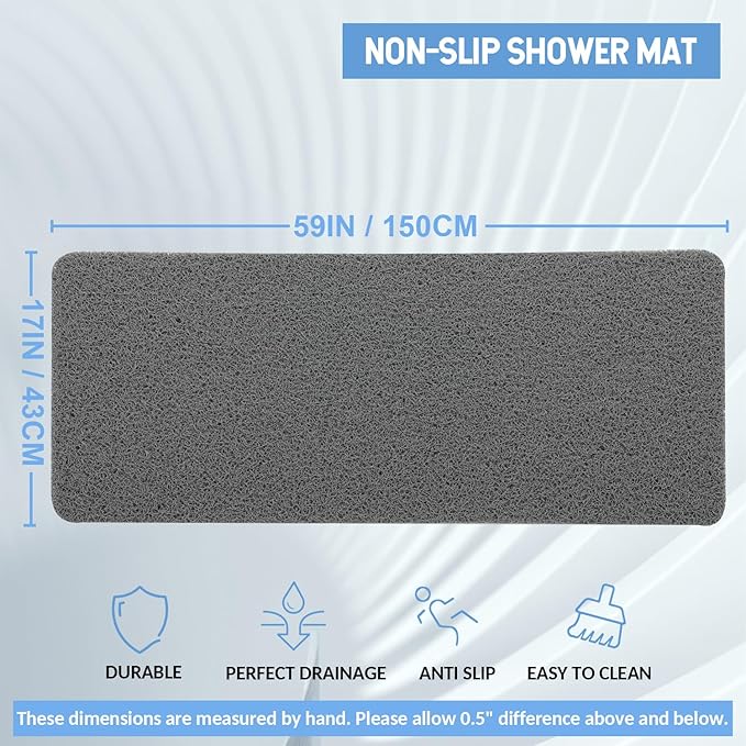 Non-Slip Bathtub Mat, Anti Slip Shower Mat, Fast Drying Bathtub Mats, Foot Scrubber Mat, Anti Slip Mat for Tub, Floor, Bathroom, Kitchen, Home, Hotel (Grey 59"×17.3")