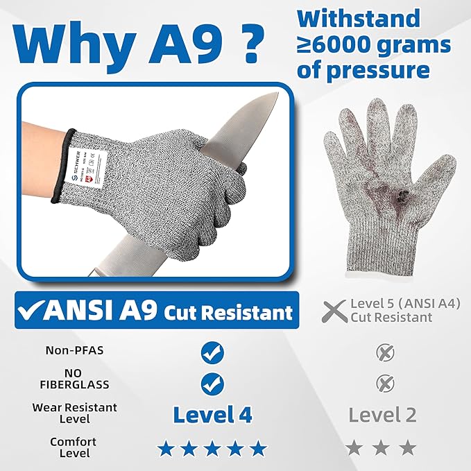 Schwer SlicePro ANSI A9 Cut Resistant Gloves, Food Grade Reliable Cutting Glove, Mandoline Gloves for Kitchen Meat Cutting, Oyster Shucking, Fish Fillet Processing, Non-PFAS, PR1501-G, M