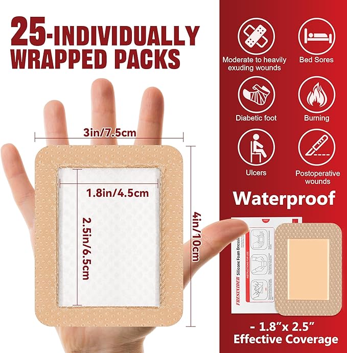 FRESINIDER Silicone Foam Dressing 3" x 4", 25 Pack – Value Pack Silicone Border Dressing for Pressure Sores, Post-Op Wounds & Daily Care – Breathable, Absorbent & Gentle on Skin
