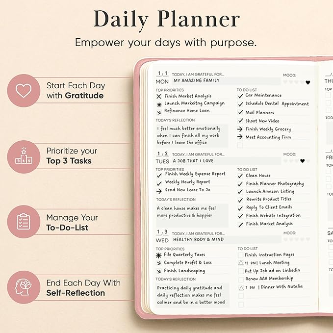 2026 Planner, Daily Journal & Gratitude Journal All-In-One with To Do List, Self Care Prompts & Habit Tracker - 5.8 x 8.3 - Pink