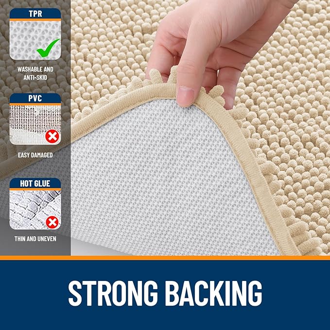 OLANLY Bathroom Rugs Sets 2 Piece, Soft Absorbent Chenille Bath Mats and U-Shaped Contour Toilet Mat Area Rug Set, Machine Washable Bath Carpet, Home Decor Accessories(36"x24"+24"x20", Beige)