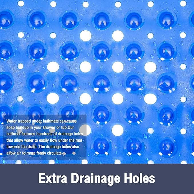 Extra Long Bathtub Mat Non Slip, Clear Navy Blue Soft Bath Mat for Tub 40 x 16 Inch Full Size, Long Shower Mats for Bathroom Floor, Big Suction Cups and Drain Holes, Easy Washable, BPA Free