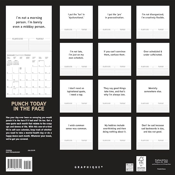 Graphique 2026 Punch Today in the Face Wall Calendar | 12” x 12” | Thick Paper | Home & Office Organizer | Large Monthly Grid | 3 Languages & Marked Holidays | 4 Month Preview Page for 2027