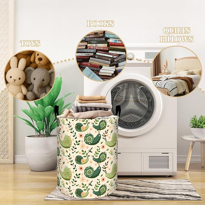 Whimsical Green Snails with Flowers Laundry Basket, Dorm Nursery Foldable Laundry Hamper Organizer for Bathroom Decor, Toy Clothes Storage Box for Bedroom 19.7x15.7 Inch