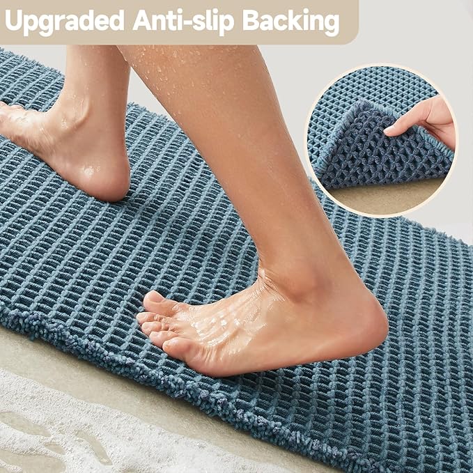 Waffle Bath Mat, Boho Bathroom Rugs Non Slip Washable Super Absorbent Quick Dry Bath Mat Farmhouse Bathroom Decor, 24"x16" Denim Blue