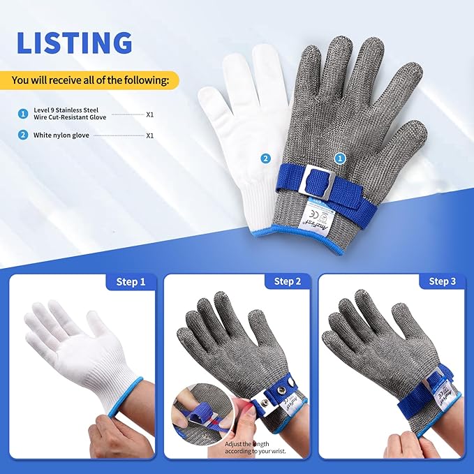 Cut Resistant Glove Food Grade, Stainless Steel Mesh Metal Knife Cutting Glove for Butcher Oyster Shucking Kitchen Mandoline Chef Slicing Fish Fillet(Size: 10/X-Large)