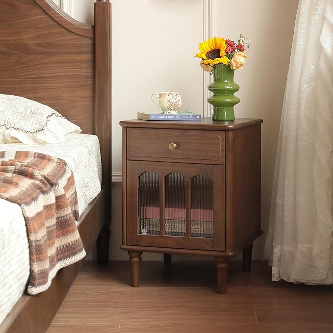 YESWOOD 100% Solid Wood Nightstand, Walnut Nightstands with Drawer, Mid Century Modern Night Stand, Wooden Night Stands with Glass Door, Small Bedside Tables for Bedroom(16.54" x 15.75" x 22.83"H)