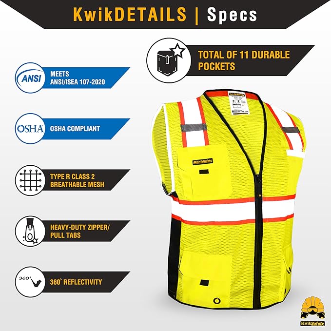 KwikSafety - Charlotte, NC - BIG KAHUNA Safety Vest [2 PACK] Class 2 ANSI OSHA Reflective Vest Durable High Visibility Vest Construction Safety Vest for Men Industrial Work Gear/Yellow XL