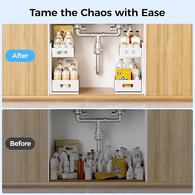 2 Pack Under Sink Organizer, Adjustable Height Under Sink Organizers and Storage, Smooth & Silent Sliding Out Metal Drawer for Kitchen Bathroom Pantry Cabinet Closet (White)