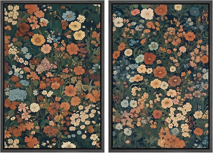 MUDECOR Framed Canvas Print Wall Art Vintage Floral Botanical Colorful Wildflowers Illustrations Modern Art Decorative Bohemian Colorful for Living Room, Bedroom, Office - 16"x24"x2 Black