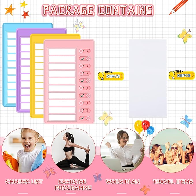 Queekay 4 Pcs Blank Chore Chart Kids Chore Chart, Plastic Checklist Board with 8 Detachable Cardstock to Do List for Home Routine Planning (Purple, Blue, Yellow, Pink)