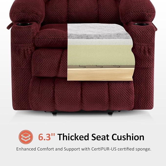 MCombo Dual Motor Large Power Lift Recliner Chair for Elderly, Lay Flat Lift Chair with Heat and Massage, Big Lift Recliner for Tall People, Cup Holders, Fabric 7896 (Large, Burgundy)