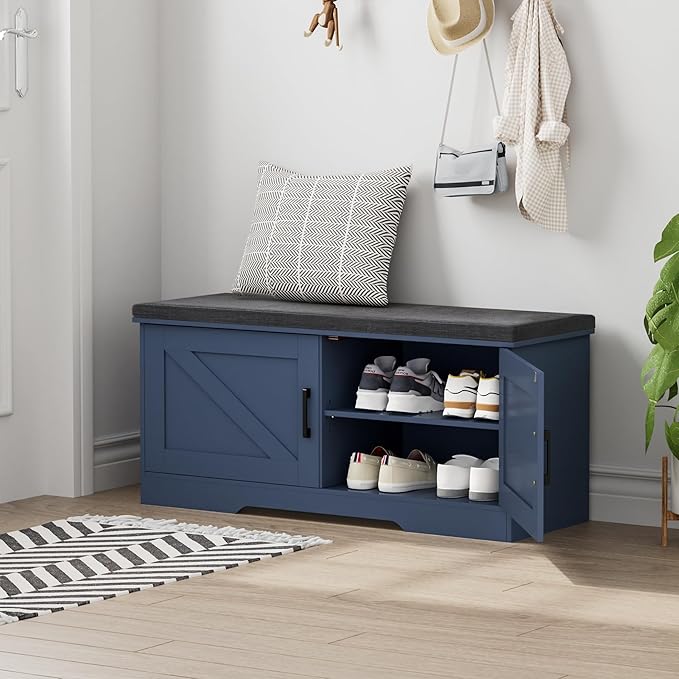 2-Tier Storage Bench, 39.4" Wide Shoe Bench with Padded Seat Cushion, Entryway Bench with 2 Barn Doors and Adjustable Shelf, Blue