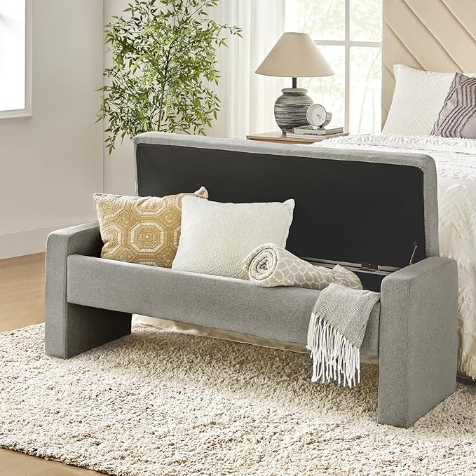 55" Modern Upholstered Storage Bench with Tufted Seat, Fabric Ottoman Bench for Bedroom, Entryway, or Living Room, Soft Close Hinge,Grey