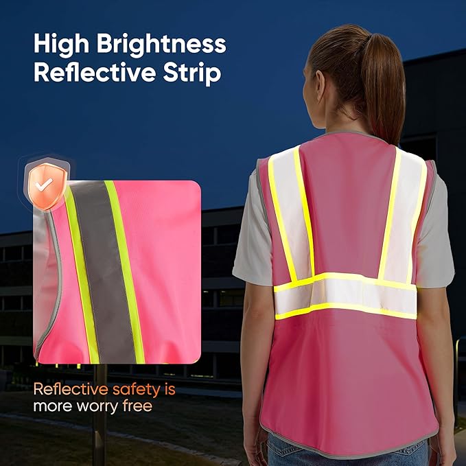 Hi Vis Safety Vest for Women, Working Drawstring waist Construction Vest with Pockets and Zipper, Womens Safety Vest, ANSI Type R Class2