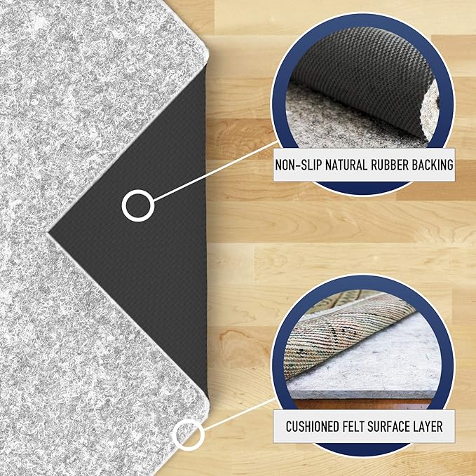 RUGPADUSA - Dual Surface - 4' Round - 1/4" Thick - Felt + Rubber - Non-Slip Backing Rug Pad - Safe for All Floors