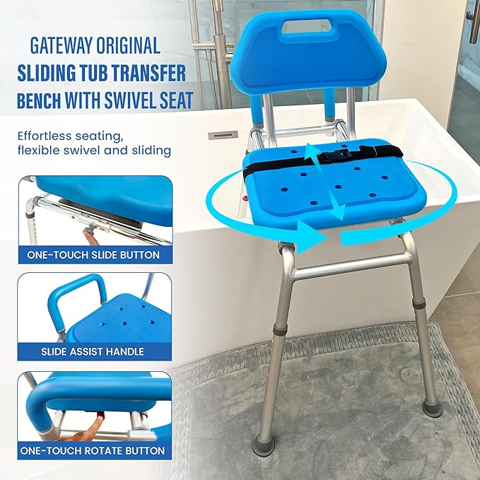 Platinum Health Gateway Premium Sliding Bath Transfer Bench with Swivel Seat-Padded (Blue)