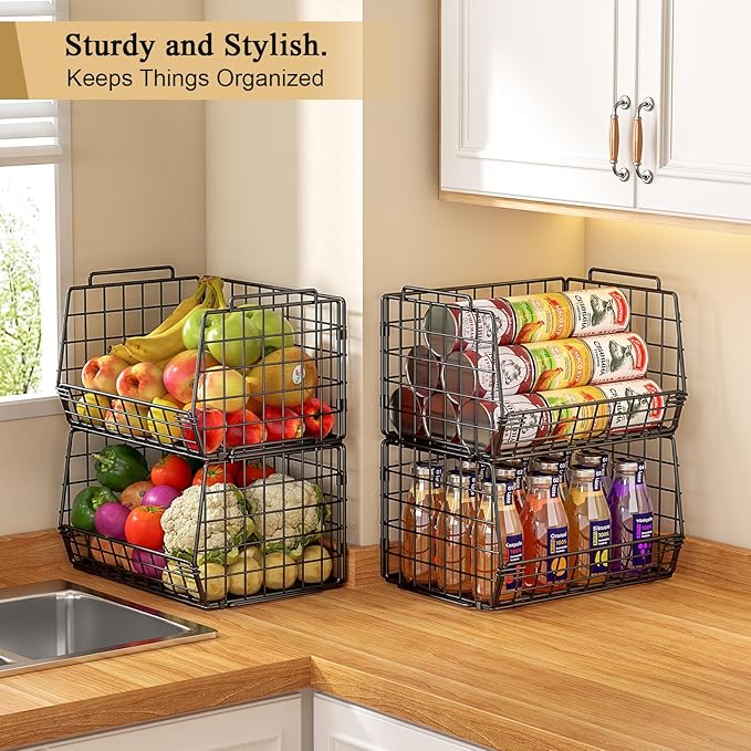 4 Pack Stackable Pantry Organizer and Storage Baskets, Foldable Wire Baskets for Pantry Storage, Large Pantry Organizers for Fruit, Vegetable, Snack, Bread, Produce Storage – Black