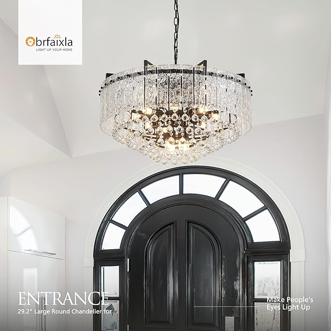 29.2" 16-Light Modern Glass Chandelier Light Fixtures Large Black 4-Tier Crystal Beads Chandeliers for Dining Room Round Hanging Ceiling Pendant Lighting for Bedroom Entryway Foyer Stairway