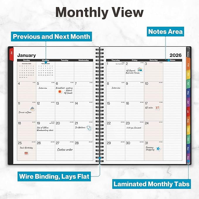 Dunwell 2026 Planner Book 8.5x11, Weekly Monthly Calendar, Jan to Dec, Large Daily Organizer with Colorful Tabs, Bookmark, Notes Section & Stickers