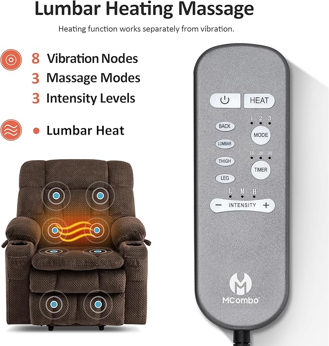 MCombo Dual Motor Power Lift Recliner Chair for Elderly, Lay Flat Lift Chair with Heat and Massage, Petite Lift Chair, Cup Holders, USB A&C Ports, Fabric 7893 (Small, Coffee)