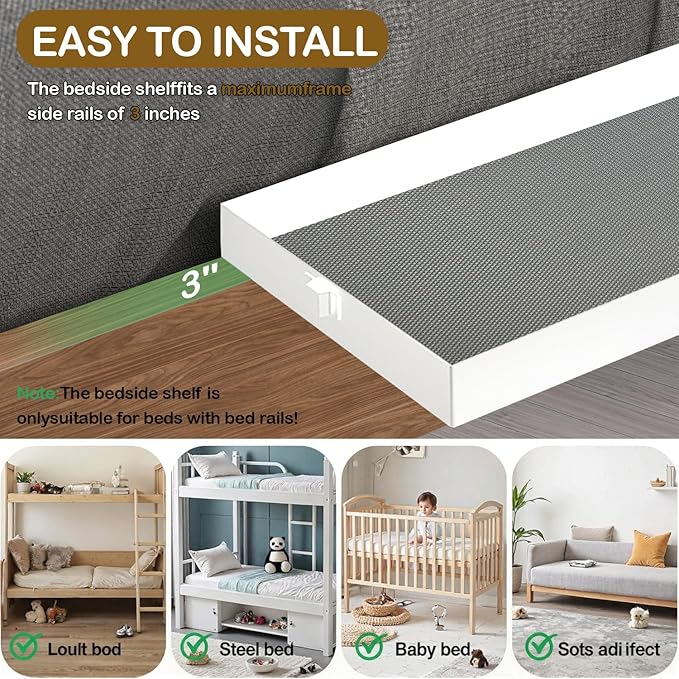 Metal Bedside Shelf for Bunk Bed & Top Bunk, Clip On Bed Side Table Tray Organizer for College Dorm Room,Loft Nightstand, Organizer Tray with Hook, Cord Clip and Cup Holder (White)