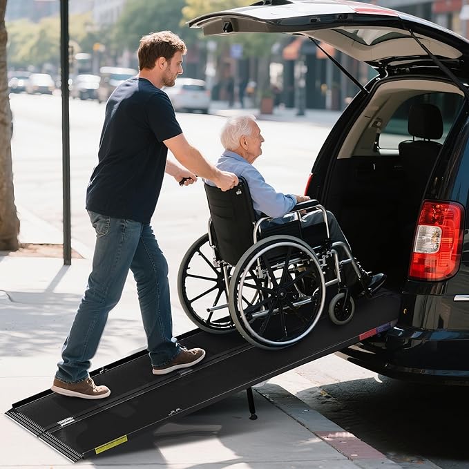 7 Feet Portable Wheelchair Ramp with Sopport Legsk, Black Seamless Non-Slip Aluminum Folding Handicap Ramp,Threshold Ramp for Doorways, Wheel Chair Ramp for Home Steps