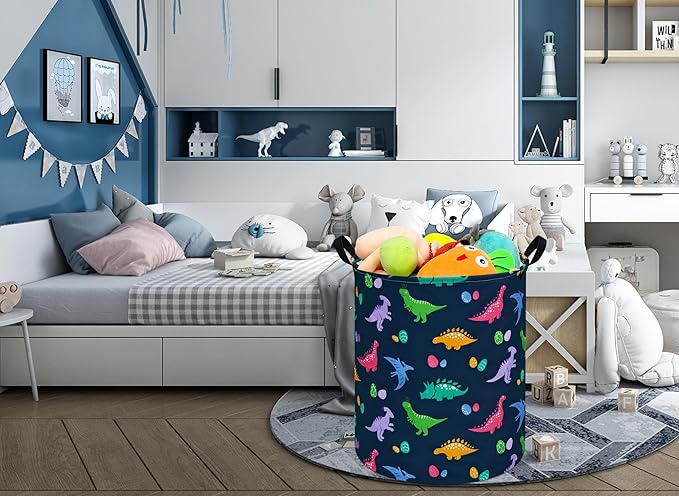 19.7 Inch Round Dinosaur Pattern Laundry Clothes Hamper Laundry Basket with Handles,Storage Organizer Bins Laundry Gift Basket for Room, Bedroom Decor
