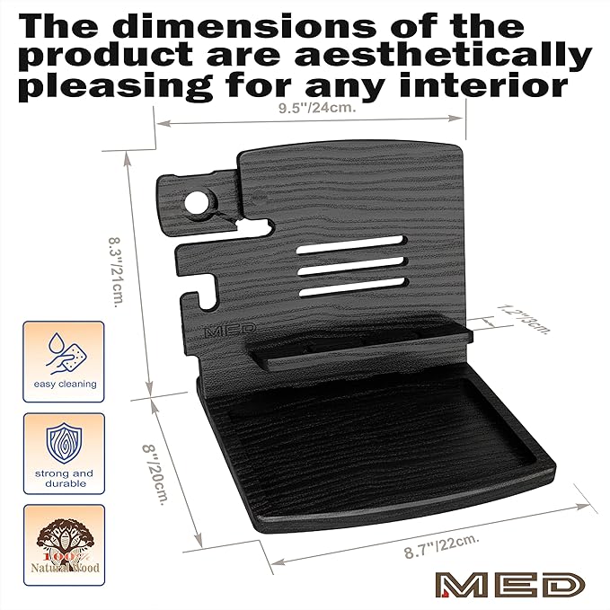 MED Wood Phone Docking Station – Nightstand Desk Organizer for Phone, Watch, Wallet & Tablet – Gift for Men, Husband, Dad & Women – Wooden Charging Stand (Black, Model 1)