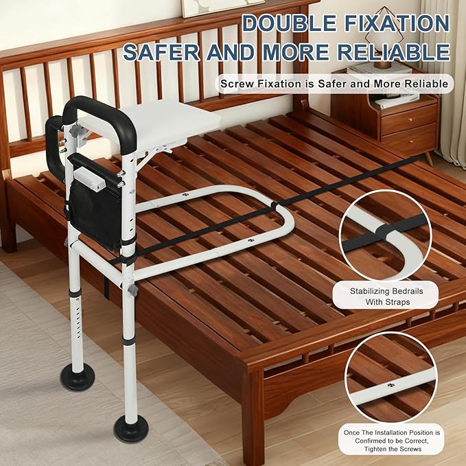 Bed Rail for Elderly Adults Safety,Bed Rails with Foldable Table Board,Storage Pocket,Sensor Light,Height Adjustable Bedside Assist Rail with Non-Slip Ergonomic Handle&Reinforced Support Bar